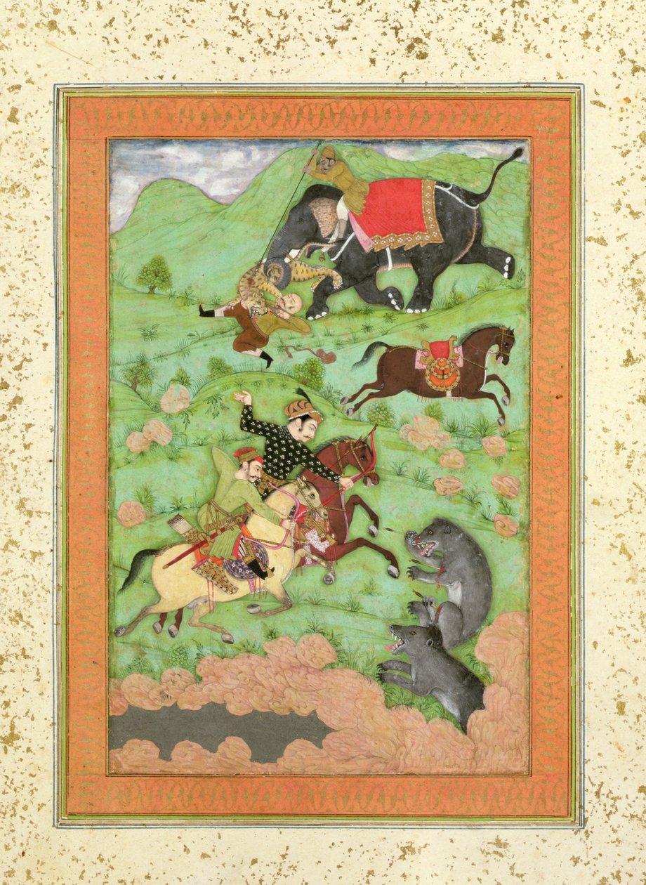 książęta radźputowie polujący na niedźwiedzie; kornak i jego słoń ratują upadłego jeźdźca przed tygrysem, z Large Clive Album autorstwa Mughal School