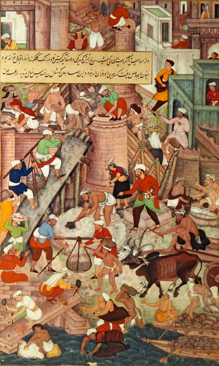 Czerwony Fort w Agrze podczas budowy, z "Akbarnama", Mogołów autorstwa Mughal School