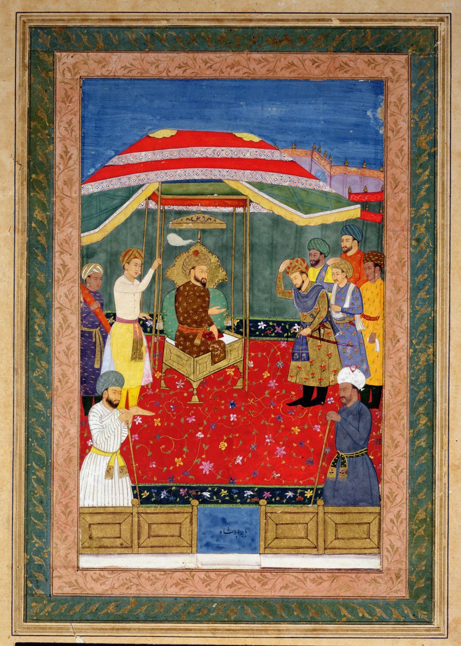 Cesarz Mogołów Babur (1526-30) siedzący na tronie odbierający księcia, Johnson Album I, nr 3 z numerem 65 autorstwa Mughal School