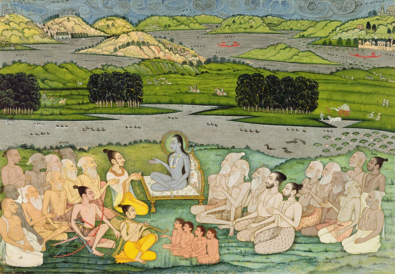 Mędrzec Shuku Deva zwracający się do króla Parikszita i grupy Sadhu, ok. 1760, autorstwa Mughal School