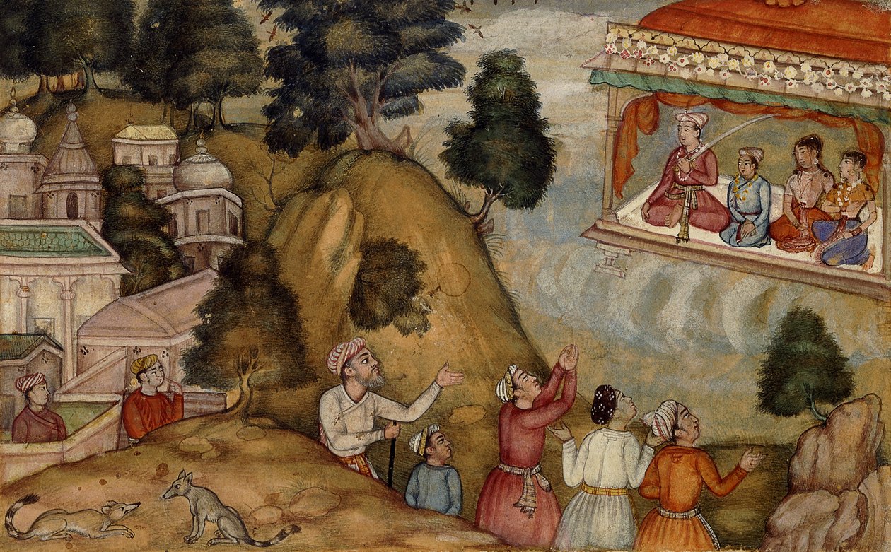 Wieśniacy oddający hołd mężczyźnie i jego rodzinie siedzącej na ozdobionej girlandą werandzie, ok. 1585 autorstwa Mughal School