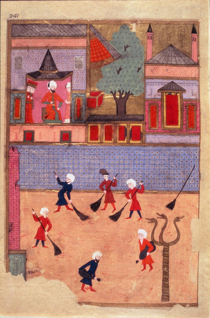 Strona zamiatacza ulic zaczerpnięta z pseudonimu-i Humajun (nazwisko i Humajun) lub „Księga świąteczna” (ms. hazine 1344, k. 341 a) zilustrowana przez Osmana. około 1582 (Stambuł) Stambuł, Topkapi Seray autorstwa Mughal School Osman