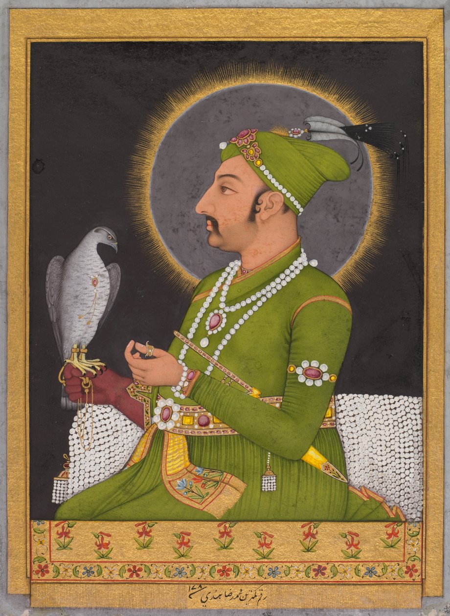 Pośmiertny portret cesarza Mogołów Muhammada Szaha (panował w latach 1719-1748) trzymającego sokoła autorstwa Muhammad Riza i Hindi