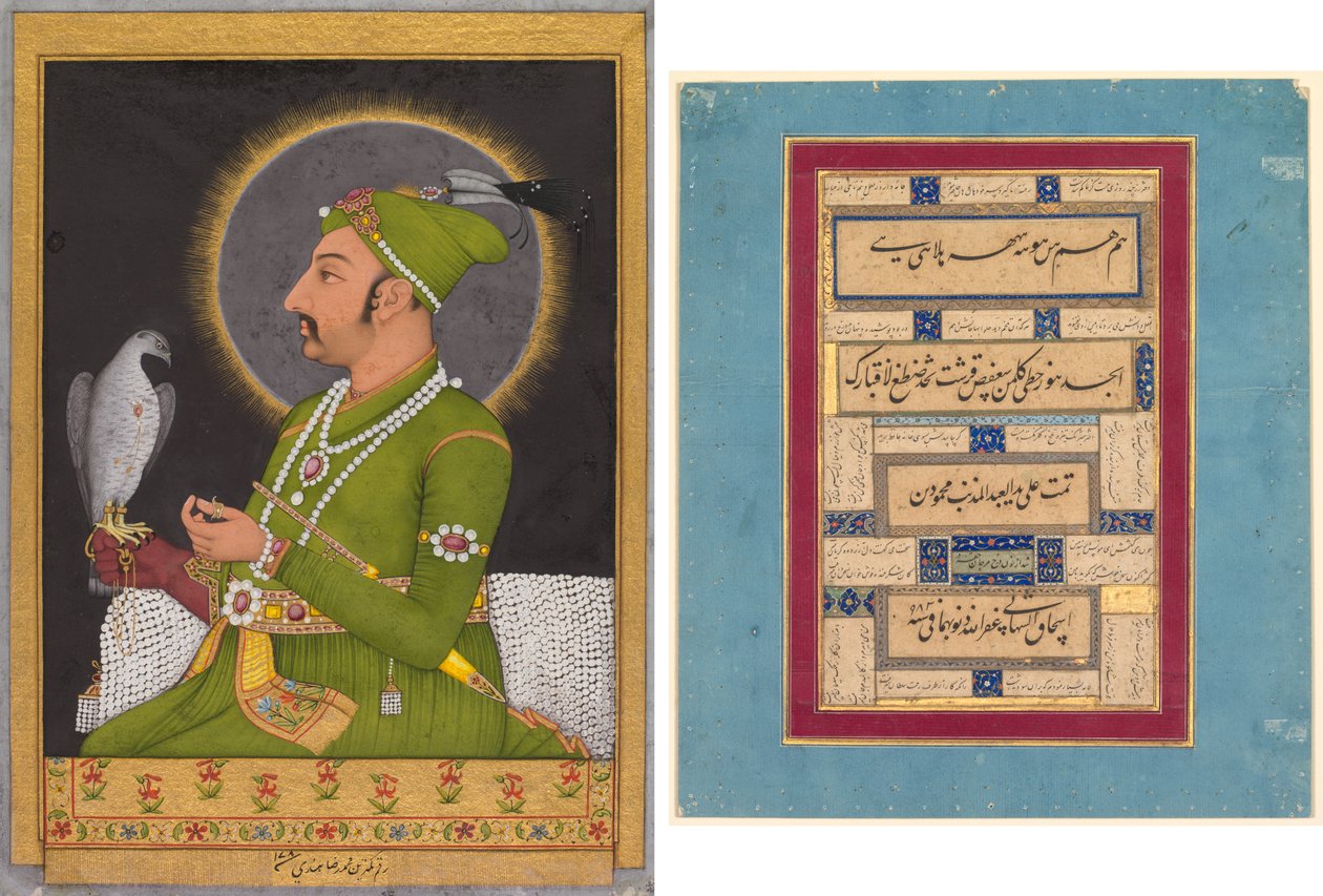 Pośmiertny portret cesarza Mogołów Muhammada Szacha (panującego 1719-1748) trzymającego sokoła (recto); Kaligrafia (verso) autorstwa Muhammad Rizavi Hindi