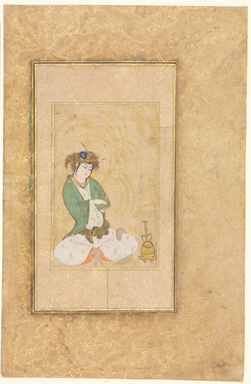 Młodzież siedząca przy wierzbie, ilustracja na jednej stronie, c. 1600-1650. autorstwa Muhammad Yusuf
