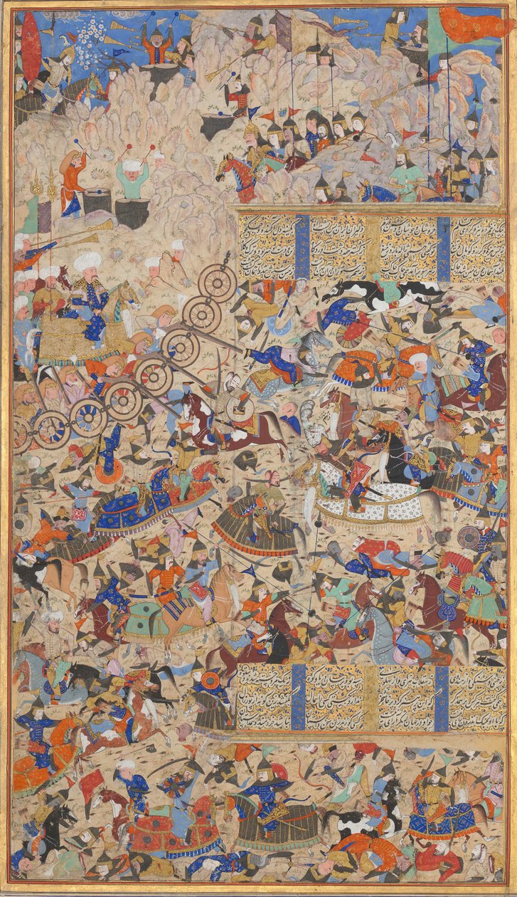 Bitwa między Irańczykami a Turańczykami, Folio z Księgi Królów Szahnamy, 1562-83. Twórcy: Muhammad ibn Taj al-Din Haidar Muzahhib Shirazi, Muhammad al-Qivam al-Shirazi. autorstwa Muhammad ibn Taj al Din Haidar