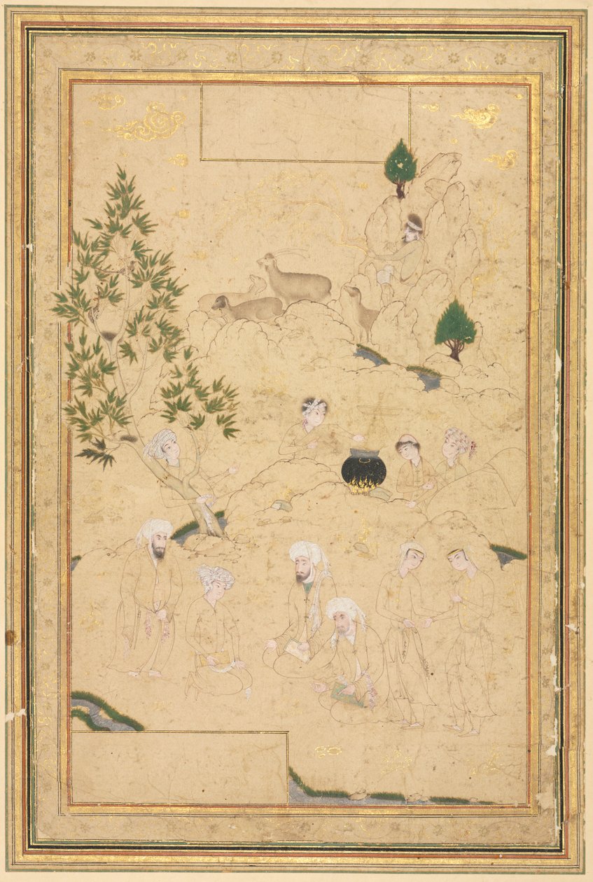 Piknik w górach, ilustracja na jednej stronie, ok. 1930 r. 1550-1600. autorstwa Muhammadi