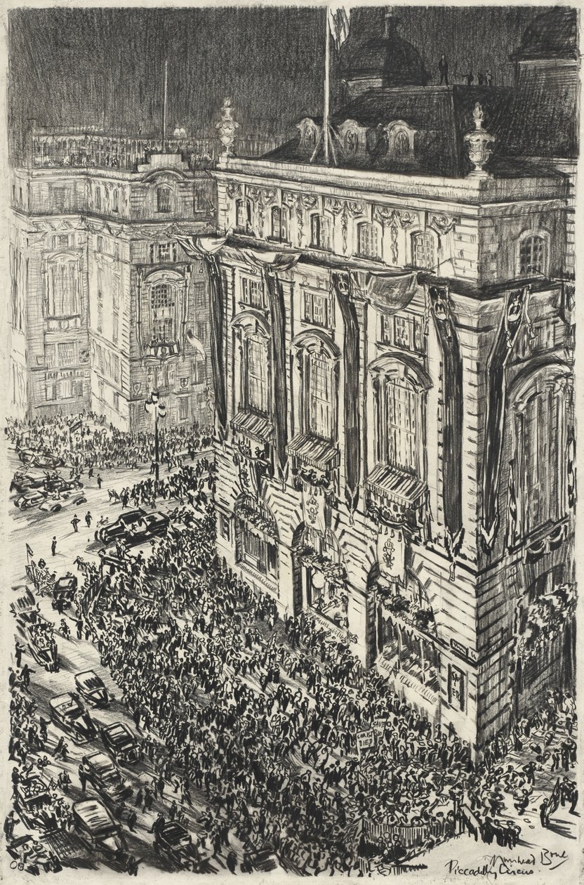 Piccadilly Circus, wigilia koronacji Jerzego VI autorstwa Muirhead Bone
