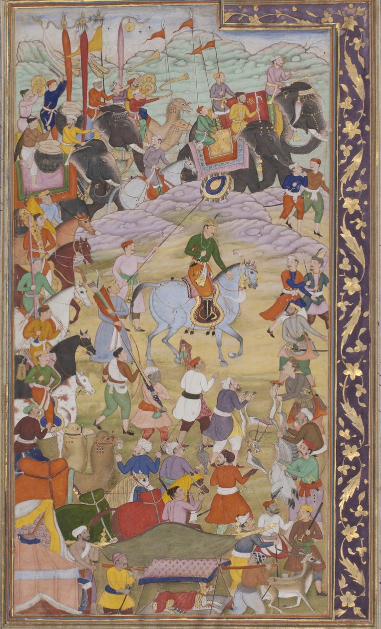 Cesarz Akbar poluje w Sanganer w drodze do Gudżaratu, 1600-10 (papier, wc i złoto) autorstwa Mukund