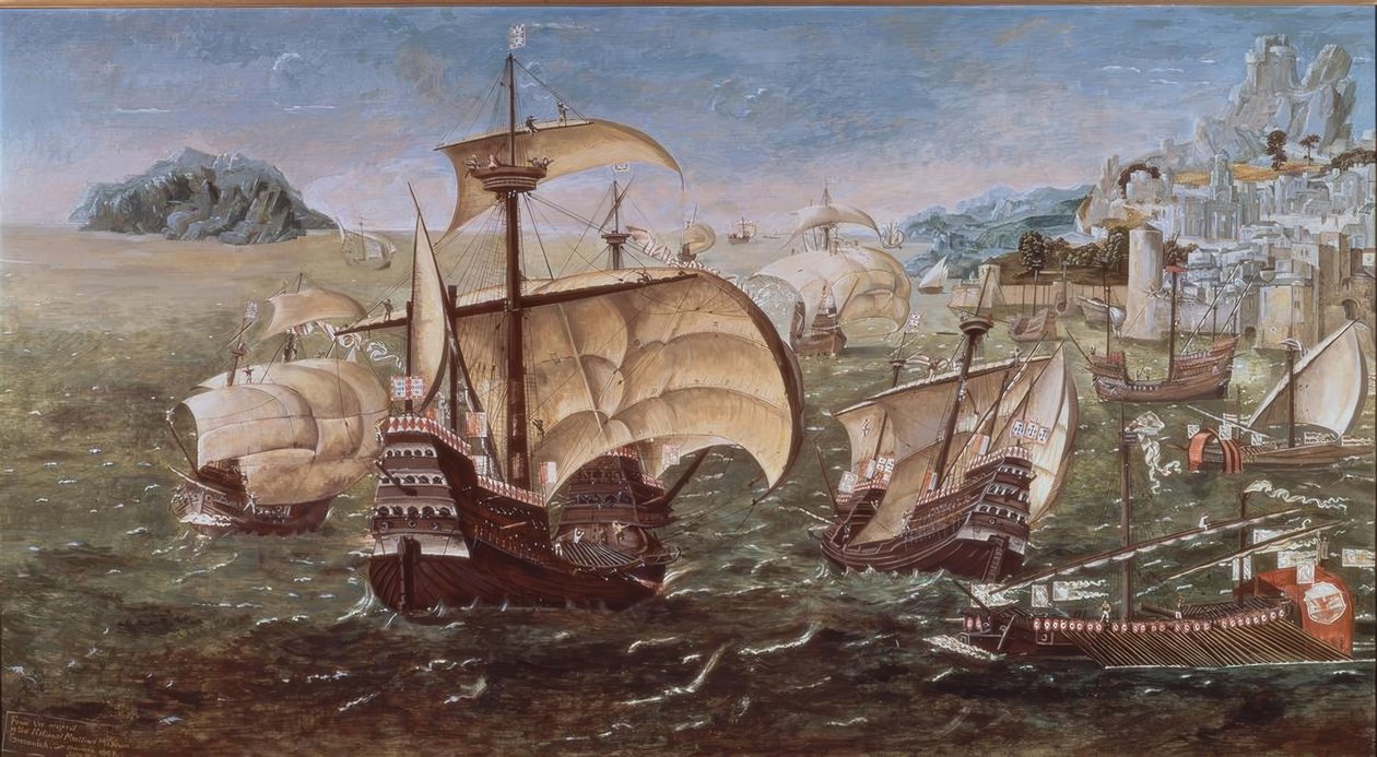 PORTUGALSKIE ŁODZIE NA SKALISTYM WYBRZEŻU - XVI WIEK -O / L - 78 × 144 - KOPIA ORYGINAŁU MUZEUM GREENWICH autorstwa Munday John