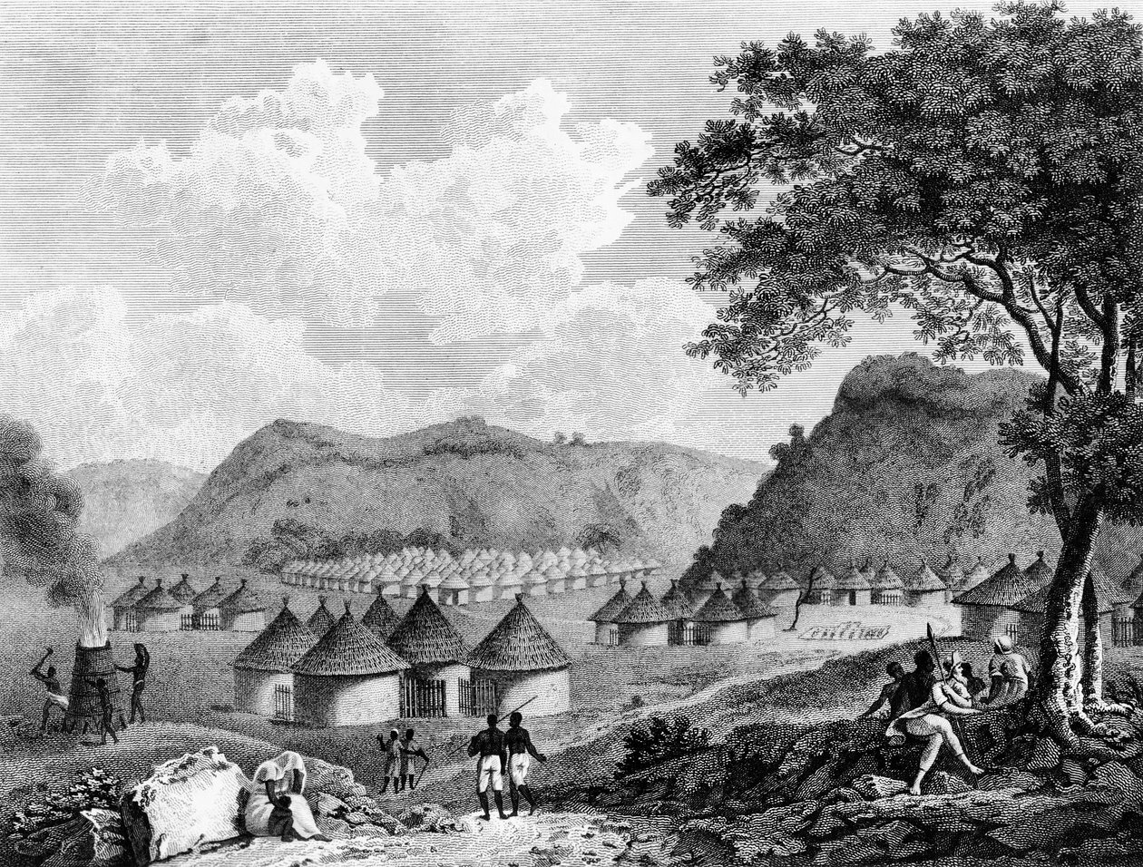 Widok wsi Kamalia z Podróży w głębi Afryki, 1799 autorstwa Mungo Park