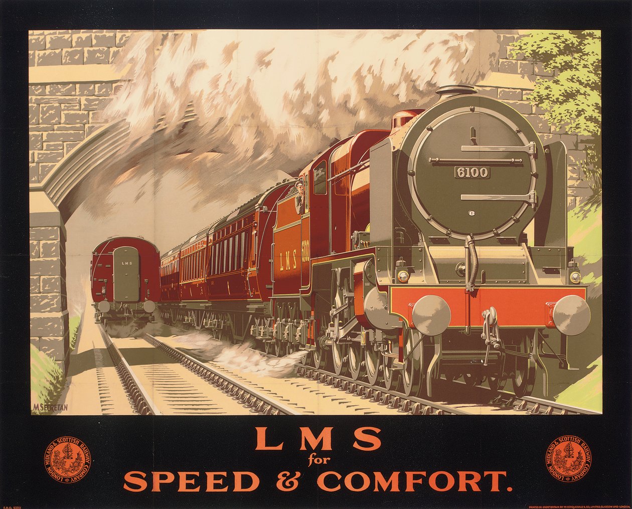 LMS for Speed and Comfort, plakat reklamujący London, Midland and Scottish Railway (litografia kolorowa) autorstwa Murray Secretan