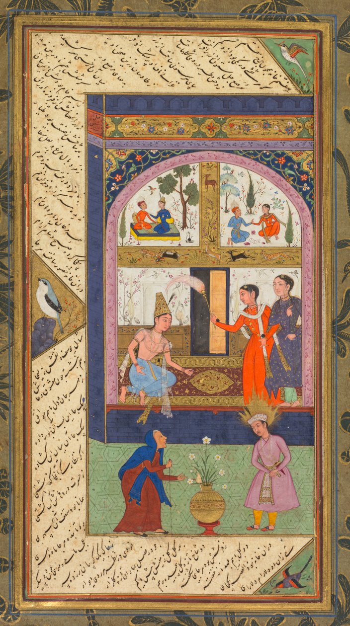 Zulaykha w swoim pałacu i jako stara kobieta z Józefem, z Panj Ganj (Pięć Skarbów) Abd al-Rahmana Jamiego (perski, 1414–1492); Verso: Z Panj Ganj z Abd al-Rahman Jami (perski, 1414-1492), z dwoma masnawi: Yusuf va Zulaykha (Joseph i Zulayk autorstwa Mushfiq