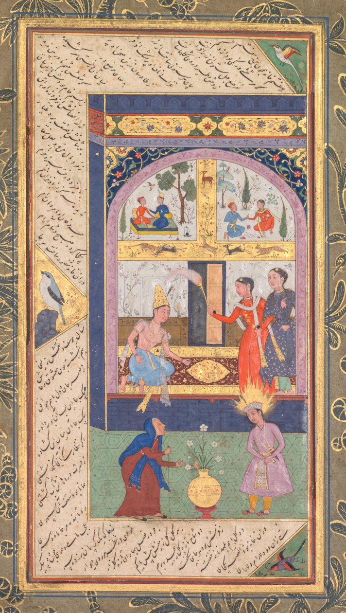 Zulaykha w swoim pałacu i jako stara kobieta z Józefem, z Panj Ganj Pięć skarbów..., 1603-1 autorstwa Mushfiq