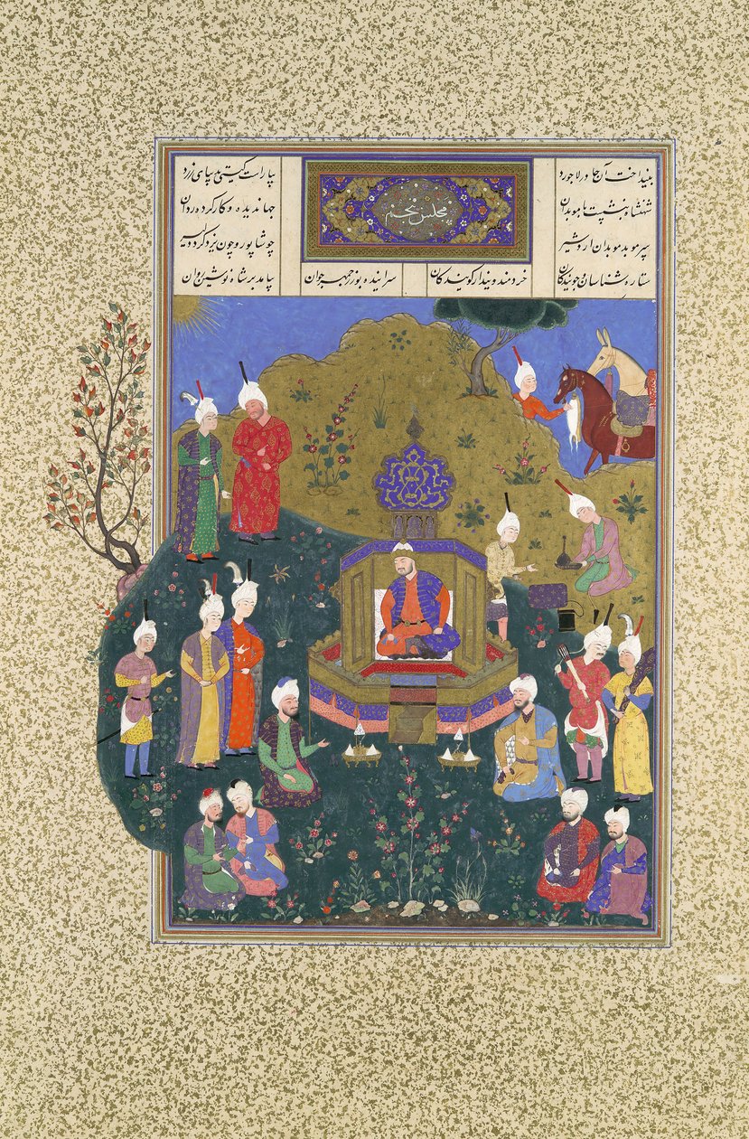 Buzurjmihr pojawia się na piątym zgromadzeniu Nushirvana, Folio 622r z Shahnama..., ca. 1530-3 autorstwa Muzaffar 