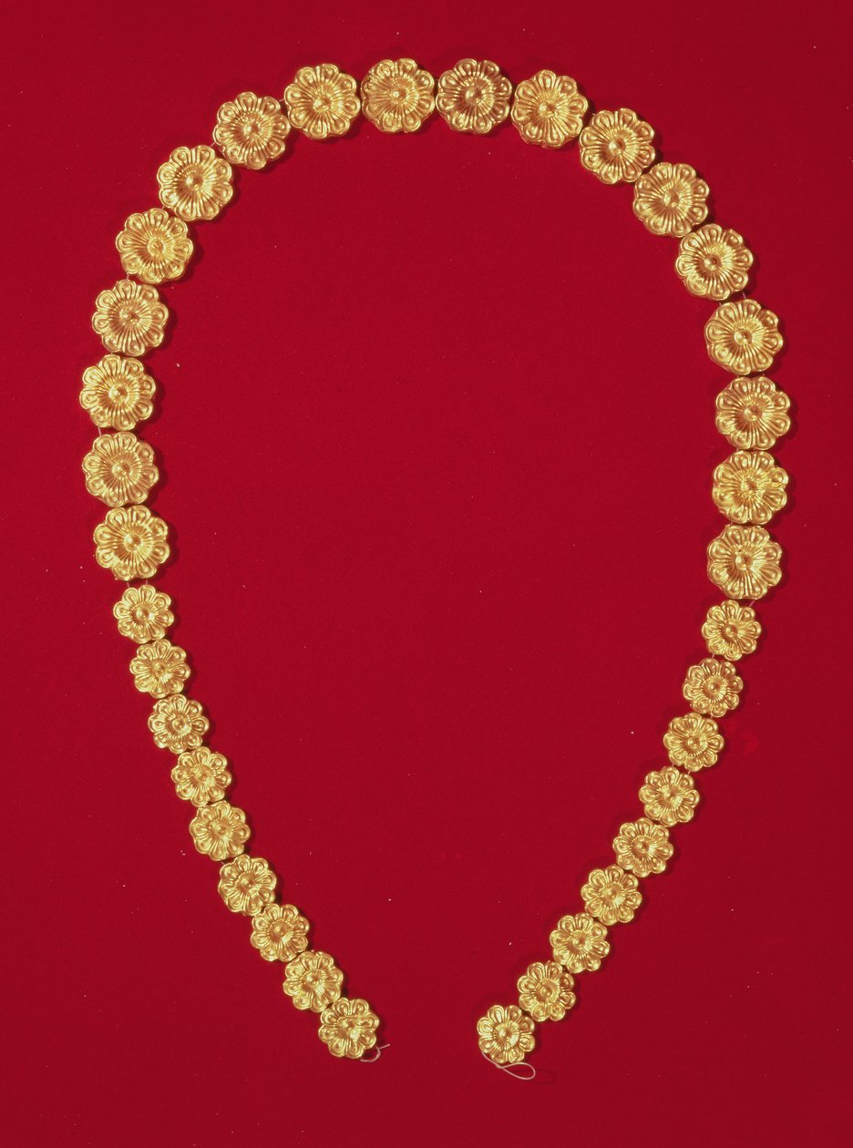 Naszyjnik z reliefowych paciorków w kształcie rozety, z grobowca Tholos w Dendrze, ok. 1400 p.n.e. (złoto) autorstwa Mycenaean