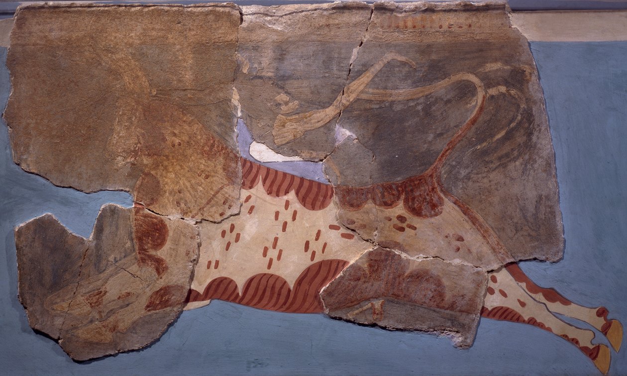 Scena walki byków, fresk z pałacu Tirinto, cywilizacja mykeńska autorstwa Mycenaean