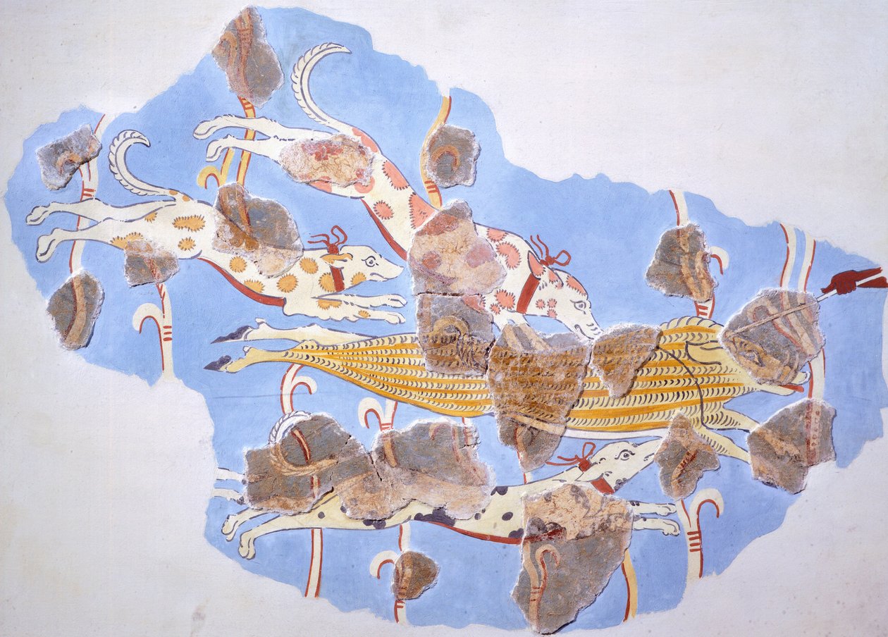 Scena polowania, fresk z pałacu Tirinto (Grecja), cywilizacja mykeńska autorstwa Mycenaean