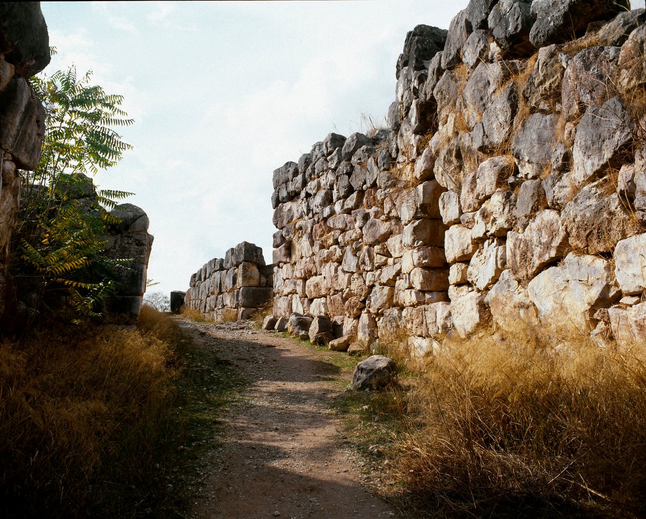 Sztuka myceńska: dostęp do górnej fortecy mykeńskiej cytadeli, miasto Tiryns, około 1200 p.n.e. Grecja autorstwa Mycenaean