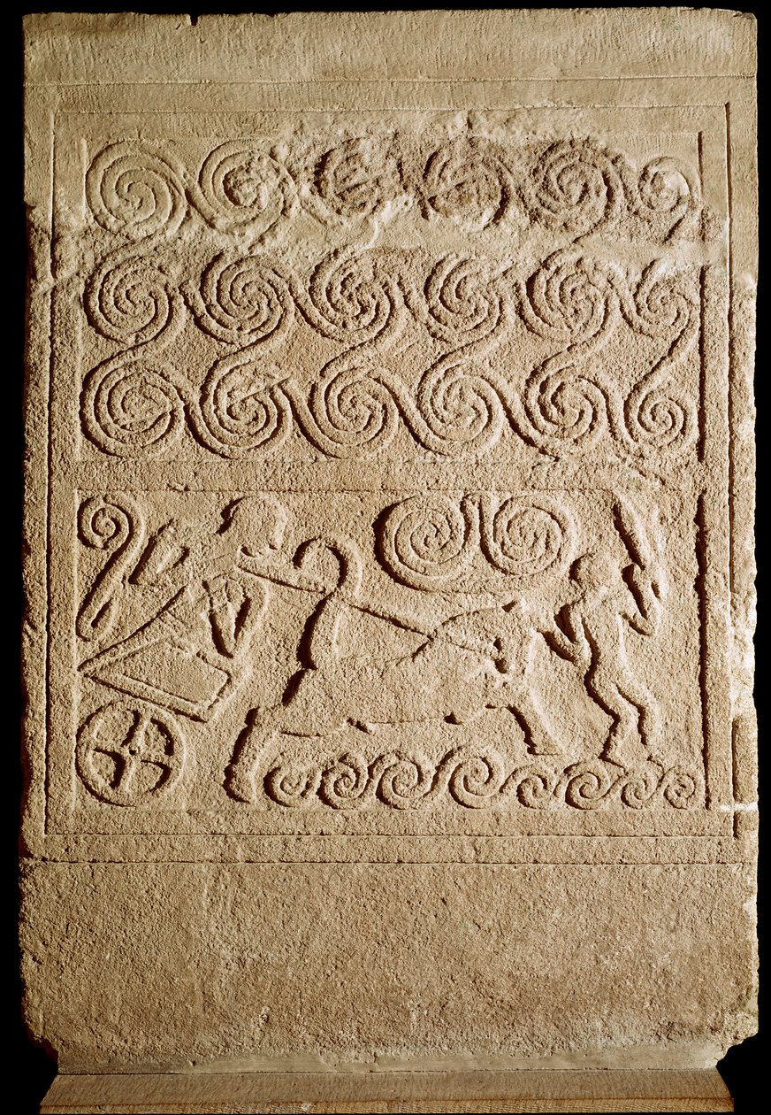 Sztuka mykeńska: stela grobowa w wapieniu z przedstawieniem bitwy z Mykenów. XVI w. p.n.e. Ciemny. 133 cm Ateny, Narodowe Muzeum Archeologiczne autorstwa Mycenaean