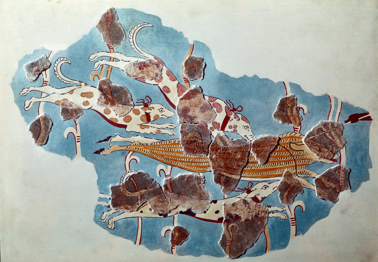 Sztuka mykeńska: scena polowania, psy goniące dzika. Fragment fresku z pałacu Tiryns i rekonstrukcja autorstwa Mycenaean