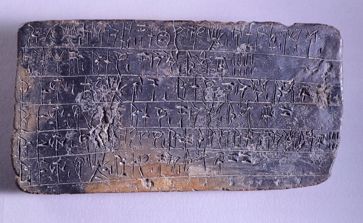 Tabliczka z inskrypcją linearną B, terakota z archiwów Pałacu Nestora w Pylos (Grecja), cywilizacja mykeńska, ok. XIII w. p.n.e. autorstwa Mycenaean