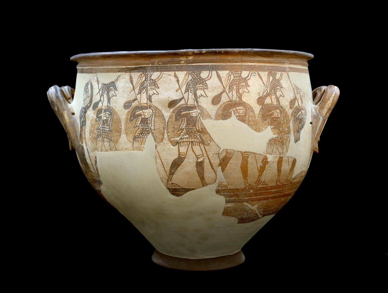 Cywilizacja myceńska: krater zwany Wojownikami - Z kręgu grobowców A a Myceny. XII wiek pne - Ateny, narodowe muzeum archeologiczne - Sztuka mykeńska: Krater wojowników - Waza z terakoty znaleziona w Mykenach autorstwa Mycenaean Mycenaean