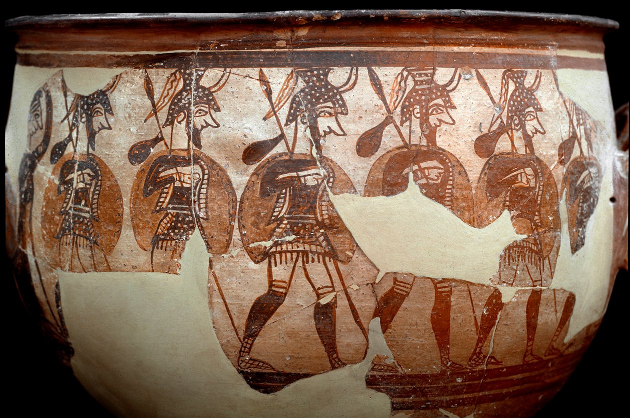 Cywilizacja myceńska: krater zwany Wojownikami. Od kręgu grobowców A do Mycenów. XII wiek p.n.e. Ateny, Narodowe Muzeum Archeologiczne - Sztuka cywilizacji mykeńskiej: krater zwany kraterem Warriors. Z kręgu grobu A w Mykenach. XII wiek autorstwa Mycenaean Mycenaean