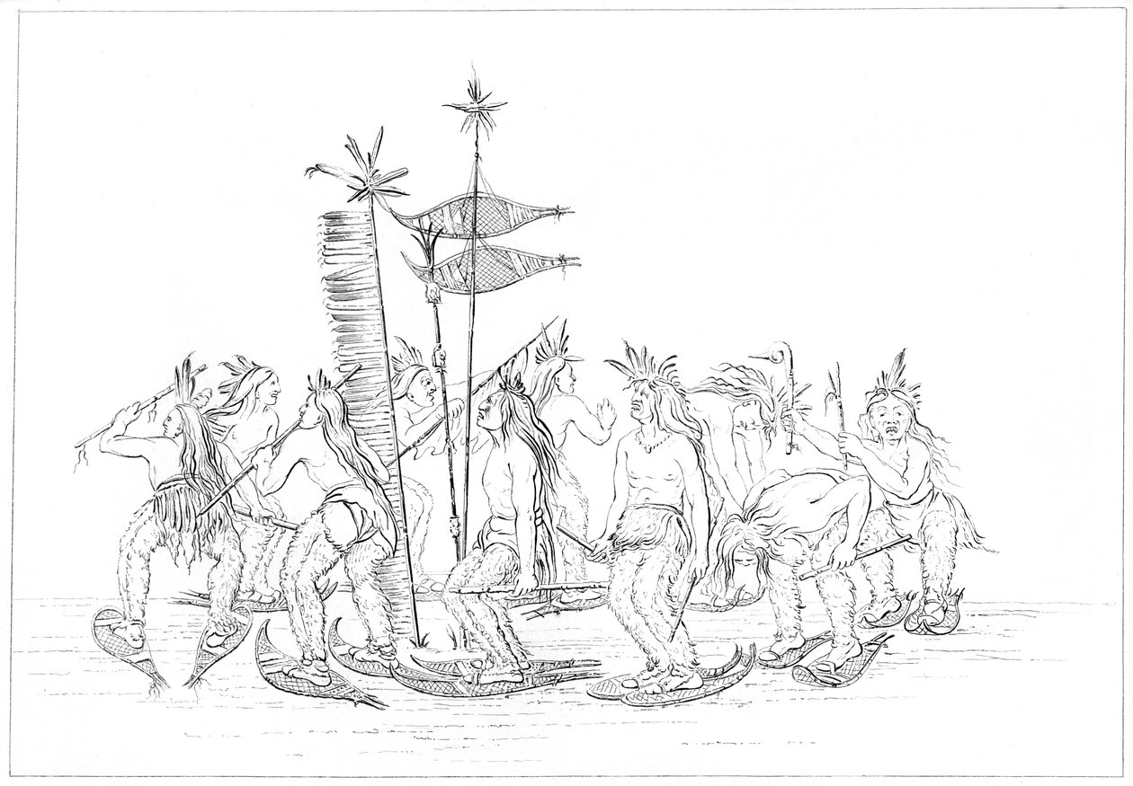 Taniec w rakietach śnieżnych Chippewa, 1841. autorstwa Myers and Co