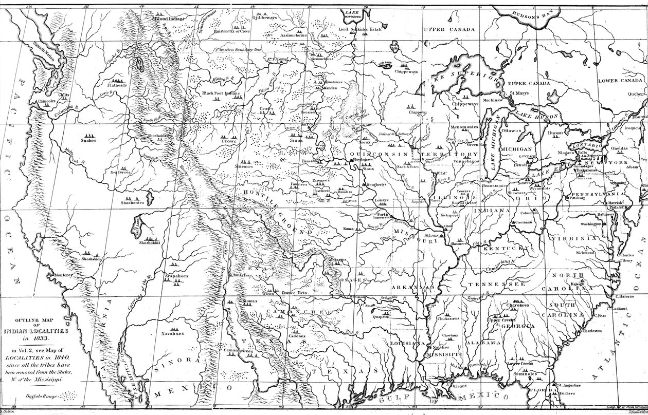 Mapa Ameryki Północnej z lokalizacjami plemion indiańskich, 1841. autorstwa Myers and Co