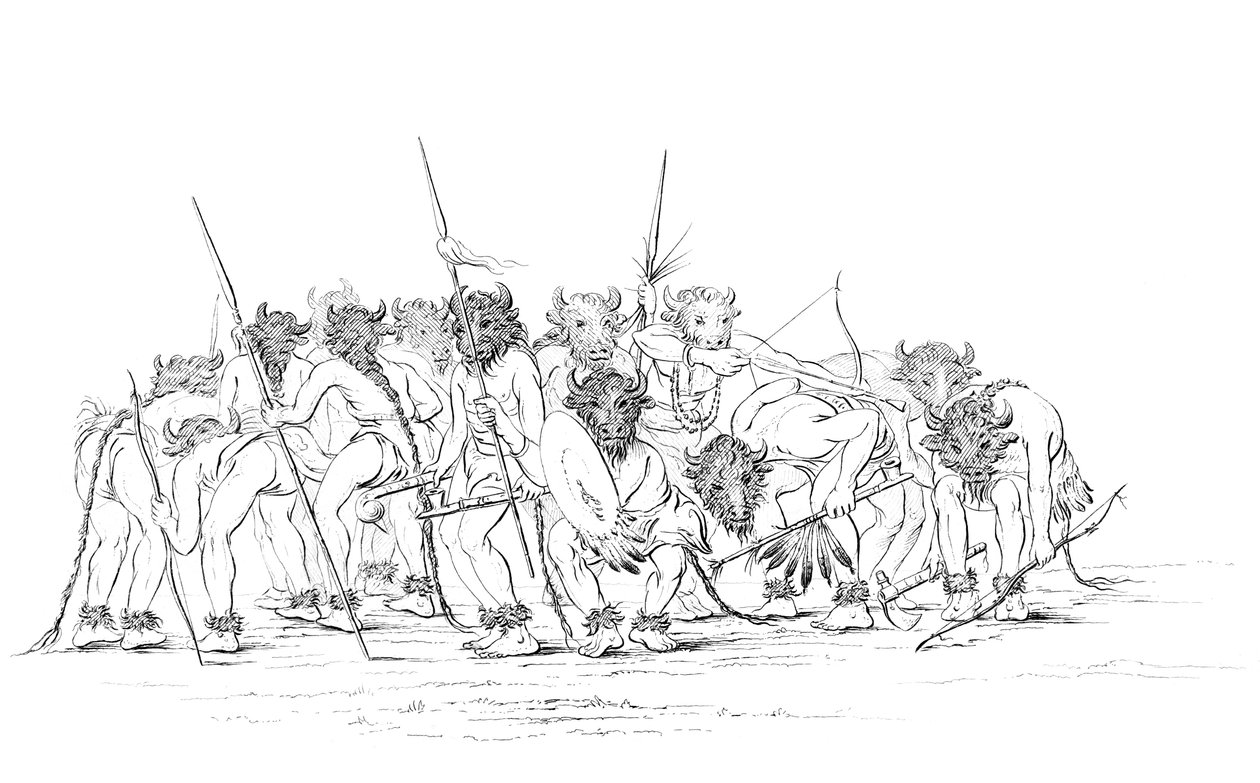 Indiańscy myśliwi tańczący w maskach bawołów, 1841. autorstwa Myers and Co