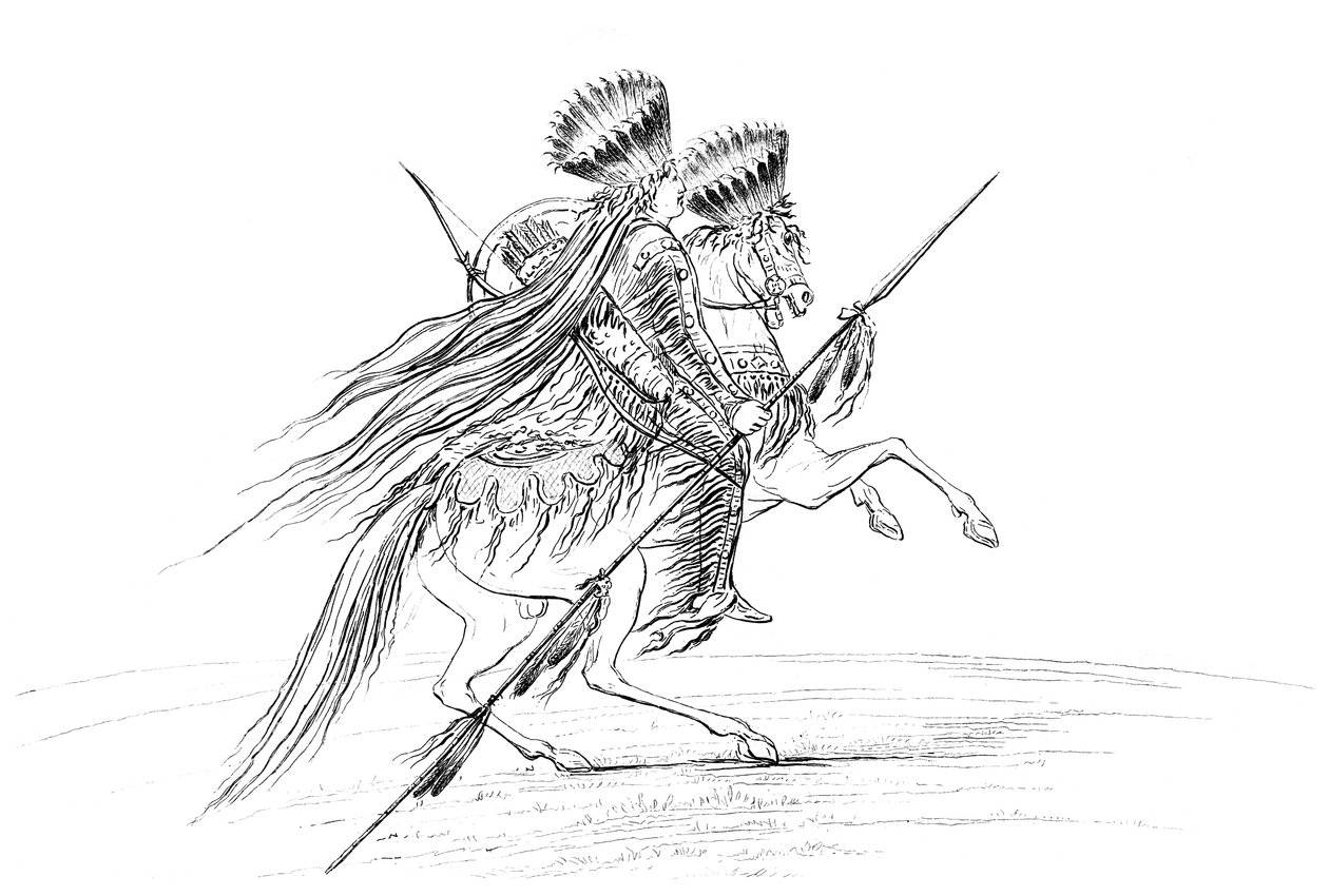 Indiański mężczyzna z bronią i nakryciem głowy, na koniu, 1841. autorstwa Myers and Co