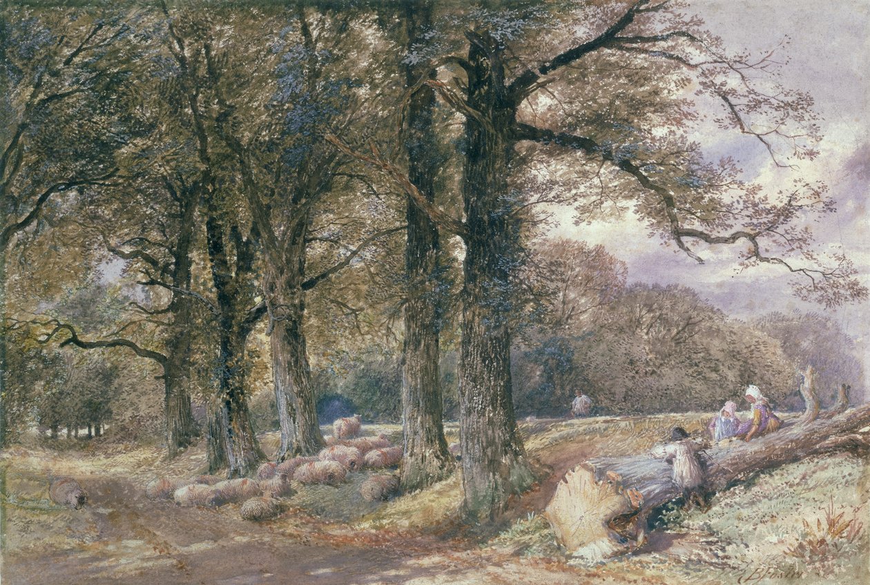 Dzieci siedzą na pniu drzewa autorstwa Myles Birket Foster