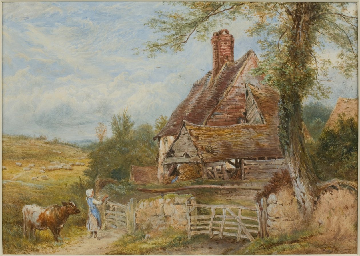Pejzaż z domkiem, dziewczyną i krową (akwarela i ołówek na papierze, naklejony na kartę) autorstwa Myles Birket Foster