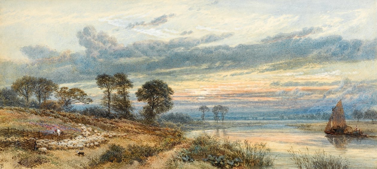 Zachód słońca nad rzeką (wc na papierze) autorstwa Myles Birket Foster