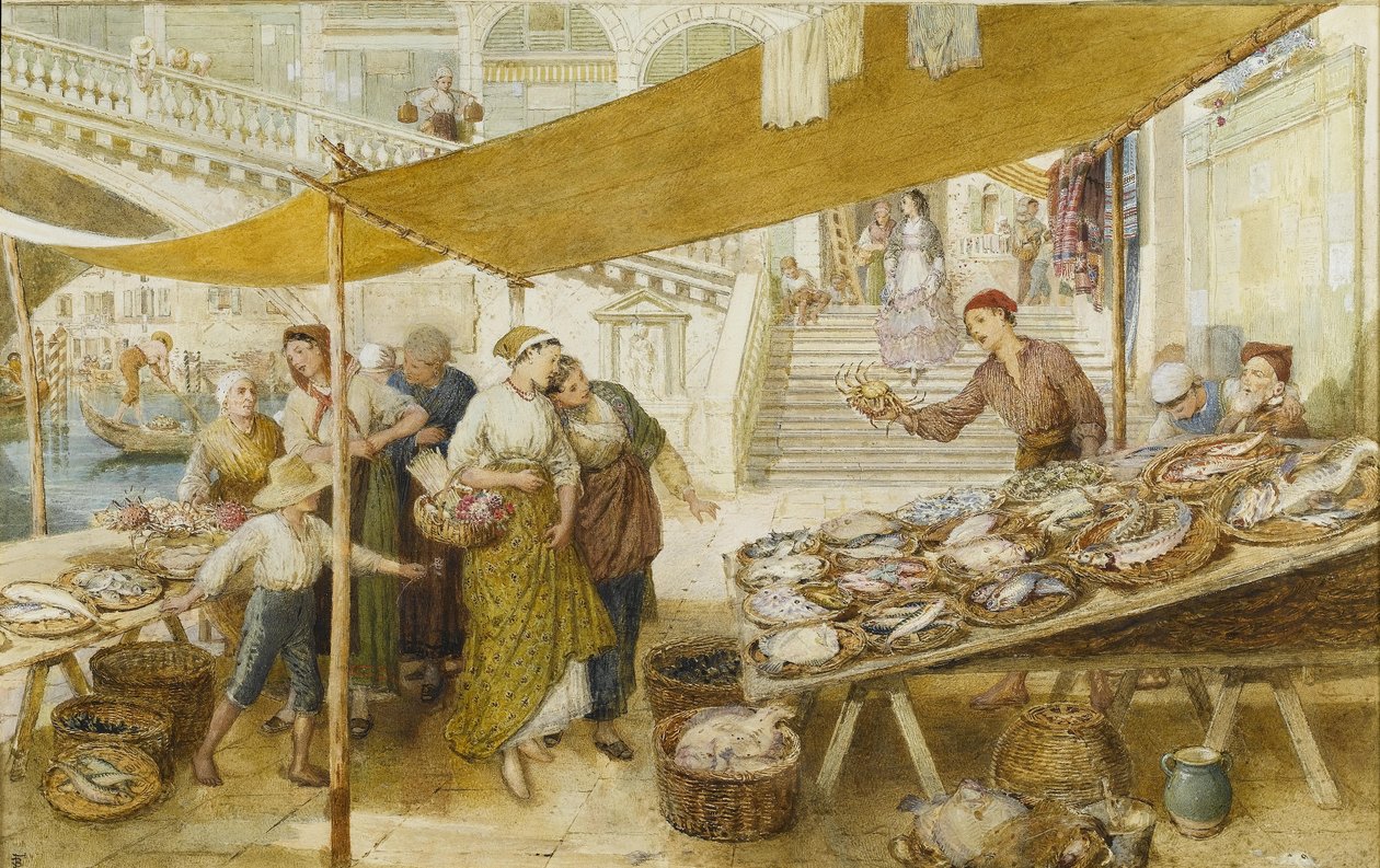 Targ rybny na schodach mostu Rialto autorstwa Myles Birket Foster