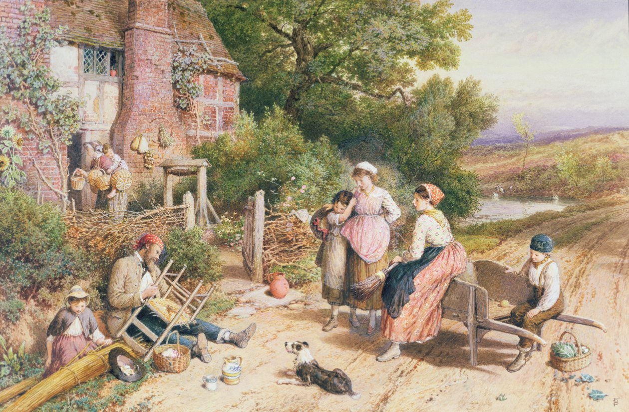 Traveling Chair Mender i Pedlar z koszami w pobliżu Witley, Surrey autorstwa Myles Birket Foster