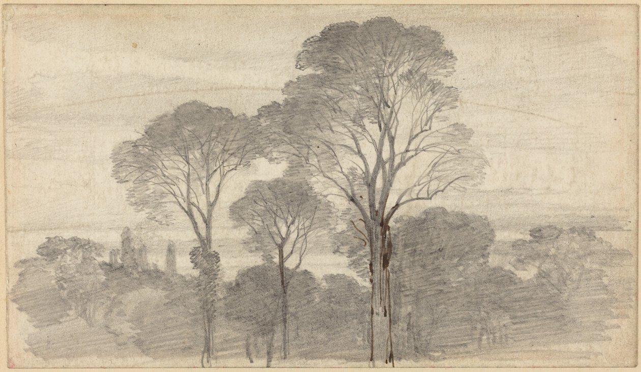 Wieczorny krajobraz z wysokimi drzewami autorstwa Myles Birket Foster