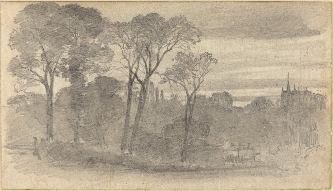 Wieczorny krajobraz z odległą katedrą autorstwa Myles Birket Foster