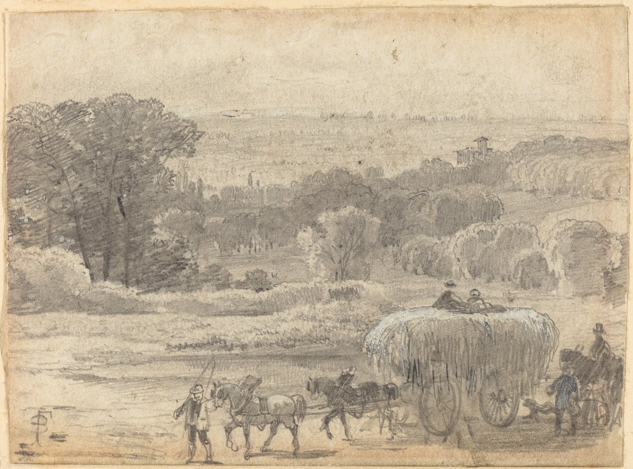 Wieczorny krajobraz z wozem na siano autorstwa Myles Birket Foster
