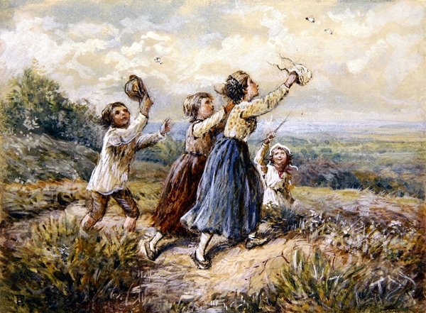 Dzieci w pogoni za motylami (gwasz i akwarela na papierze) autorstwa Myles Birket Foster
