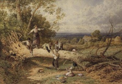 Dzieci bawiące się na zwalonym drzewie autorstwa Myles Birket Foster
