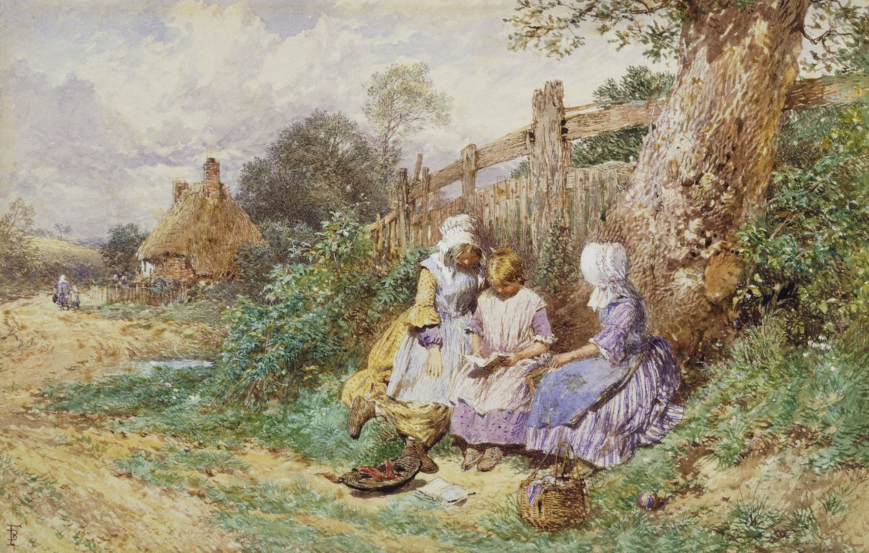 Dzieci czytające przy wiejskiej uliczce, autorstwa Myles Birket Foster