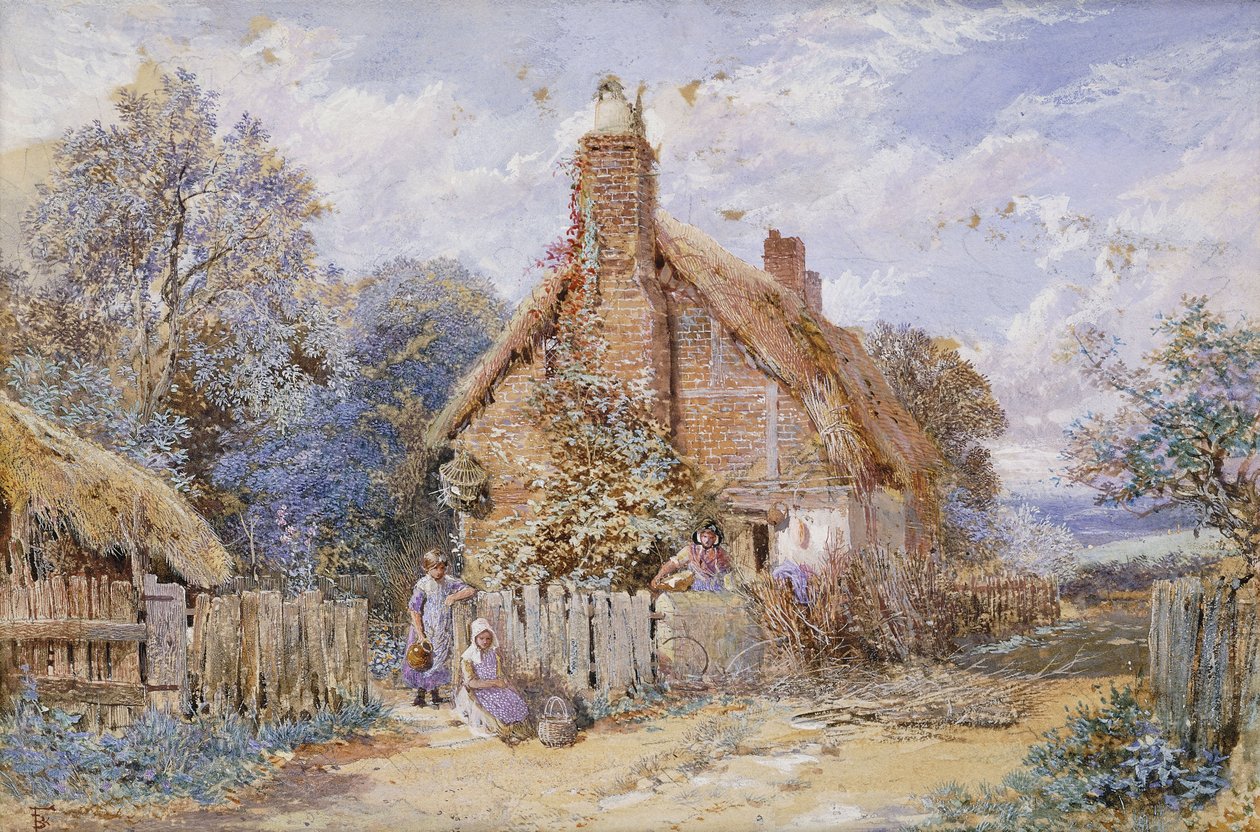Dzieci przy domku krytym strzechą w Chiddingfold, autorstwa Myles Birket Foster
