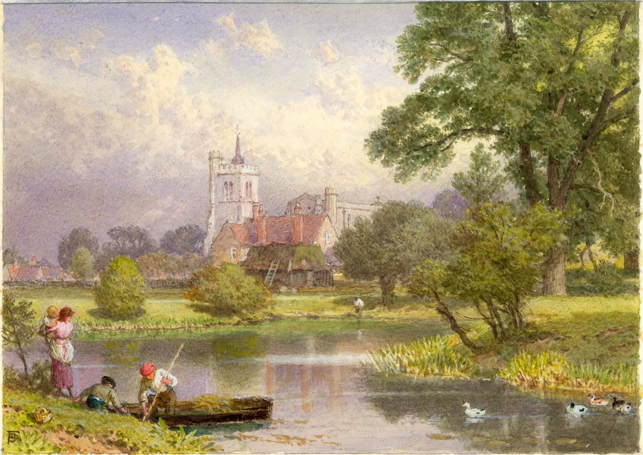 Elstow, Bedfordshire (miejsce urodzenia Johna Bunyana) (bc i wc na karcie) autorstwa Myles Birket Foster