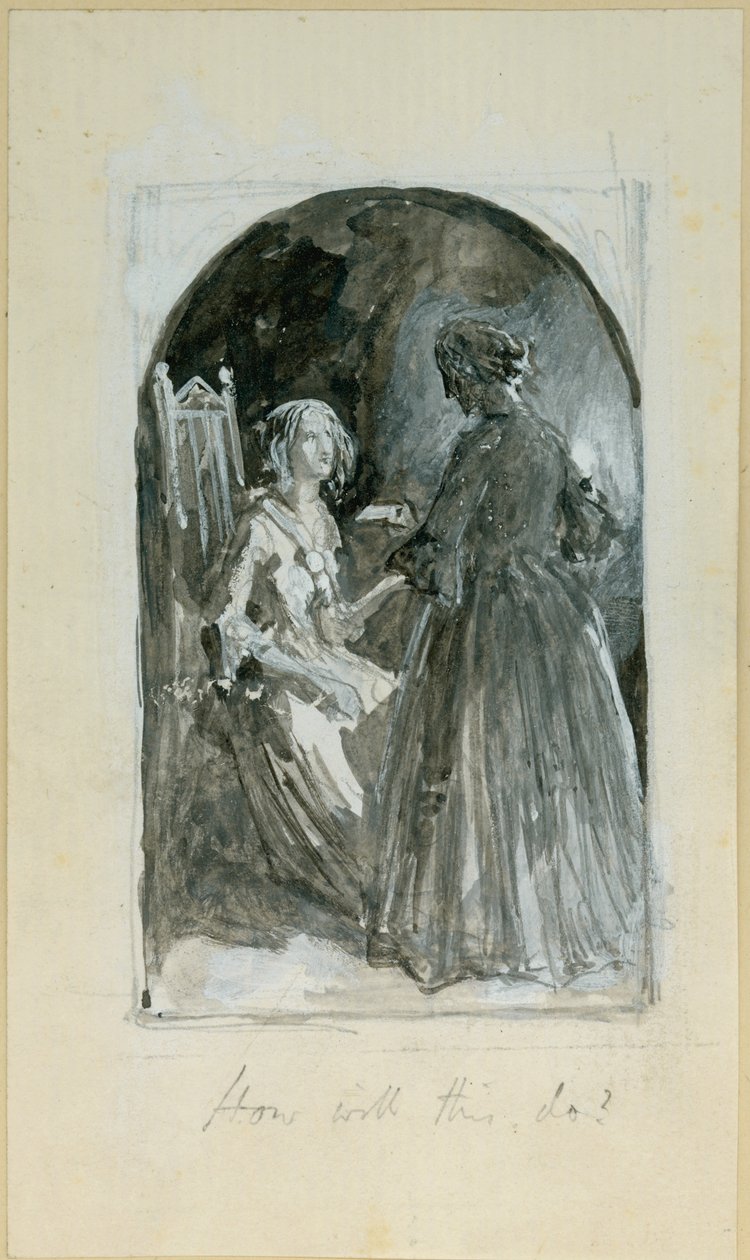 „Emma biorąc kęs z twardej ręki Madelaine” (bc, ołówek i wc na papierze) autorstwa Myles Birket Foster