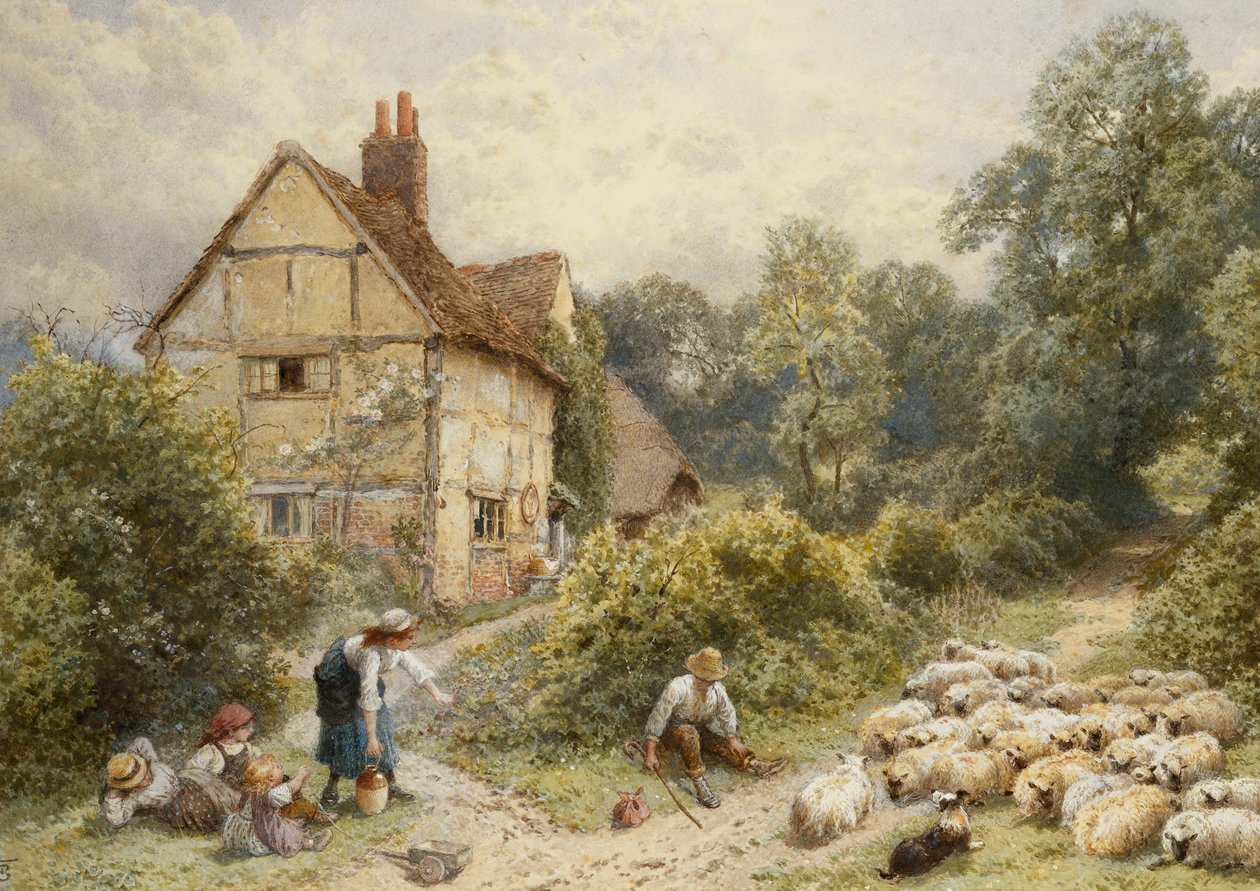 Fowl House Farm, Witley, z dziećmi, pasterzem i stadem owiec w pobliżu, autorstwa Myles Birket Foster