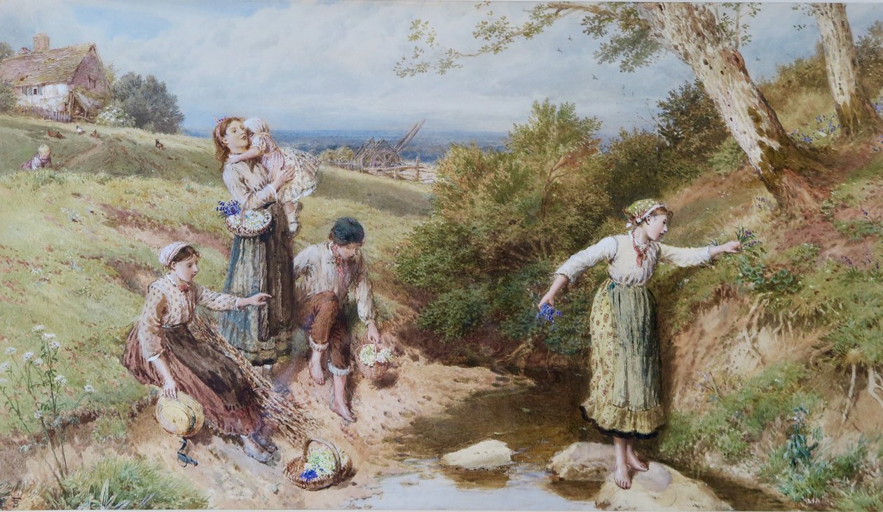 Zbieranie pierwiosnków i wiosennych kwiatów autorstwa Myles Birket Foster