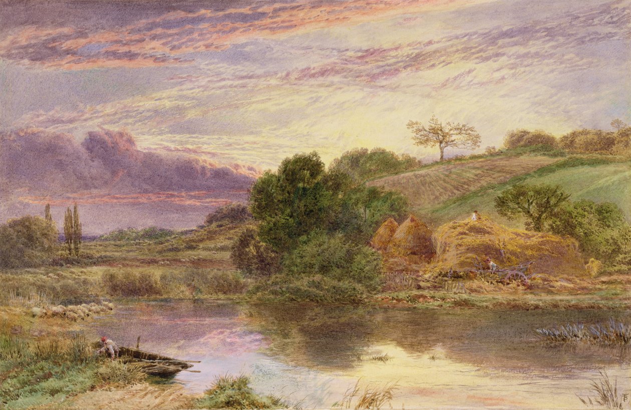 Haymakers Beside a River at Evening (akwarela wzmocniona bielą) autorstwa Myles Birket Foster