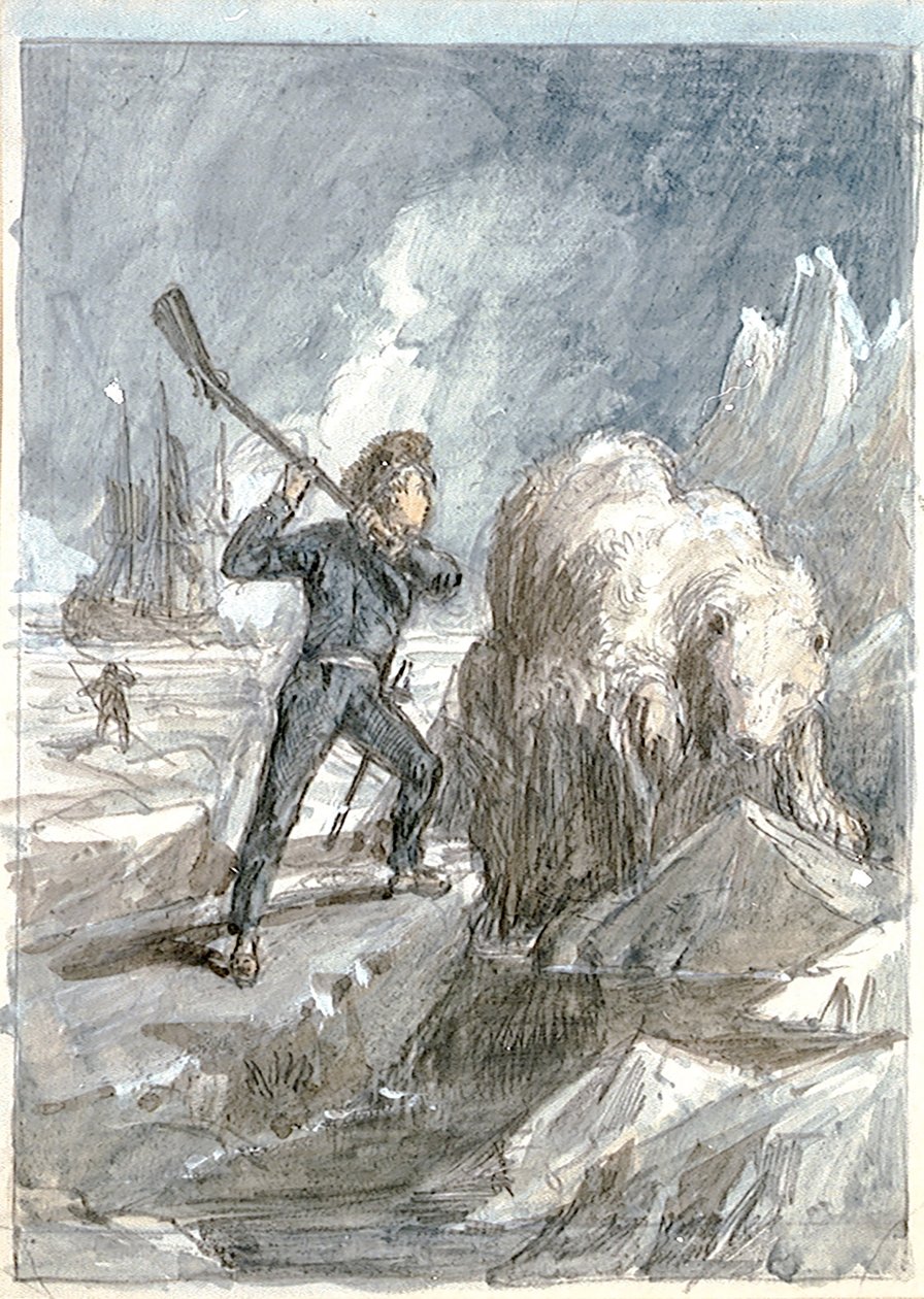 Nelson spotykający niedźwiedzia, ok. 1854 r. (szara farba, podkreślona bielą, akwarela, grafit) autorstwa Myles Birket Foster